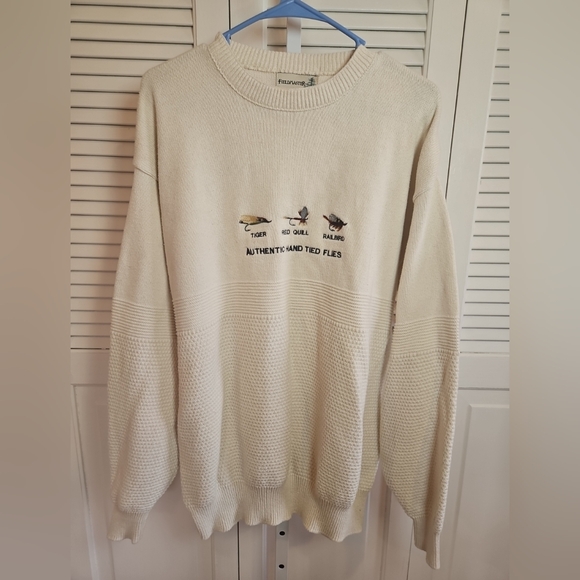 Fieldmaster Other - Fieldmaster Cream Embroidered Flies Sweater Large Tall USA Made Mens Vintage